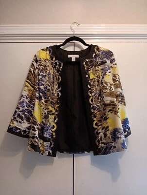 Chaqueta Artesanal Chico’s Talla 1 Med Embellecida Estampados Abstractos Sedosos Abierta 3/4 Slv Foto 1 de 4