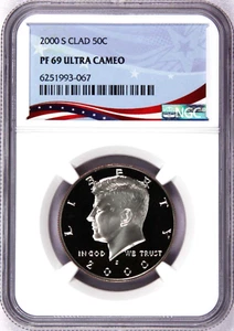 2000-S Proof Kennedy 50c, Graded PF69UC by NGC ~ Patriotic OSR Label - Picture 1 of 4