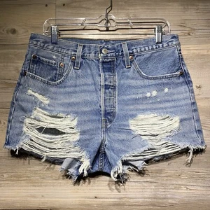 Levis 501 Cutoff Denim Jean Shorts Women’s 31 High Rise Button-Fly Distressed - Picture 1 of 11