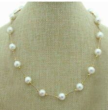 NEW AAAA ROUND 9-10MM AKOYA WHITE PEARL STATION NECKLACE 24" 14K GOLD CLASP