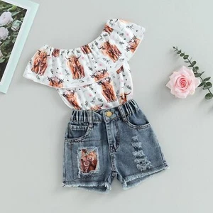Toddler Baby Girl Kids Summer Clothes Outfit Off Shoulder Cow Print Top Shorts - Picture 1 of 12