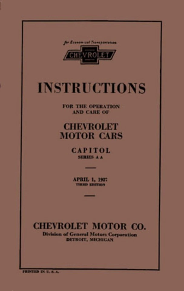 1927 Chevrolet Car Truck Owners Manual User Guide Reference Operator Book Fluids