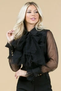 Sheer Long Sleeve Shirt w Detachable Neck Ribbon PLUS - Picture 1 of 6