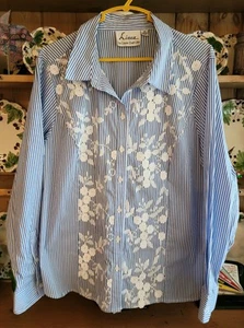 Blusa Linea By Louis Dell Olio Azul Blanco Rayas Apliques Abotonados 16 L XL - Imagen 1 de 10