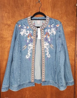Chico's Size 3 Denim Jacket Embellished Embroidered Floral New With Tags - Image 1 of 4