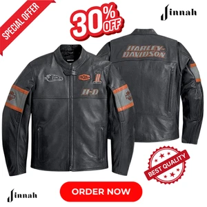 Harley-Davidson® Men’s Black Leather Motorcycle Jacket with Bold Orange Stripes - Picture 1 of 7
