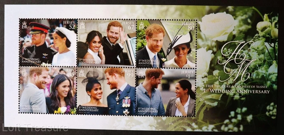 Jersey Stamps "Harry & Meghan - 1st Wedding Anniversary" MNH 6v Souvenir 2019 - Image 1 of 1