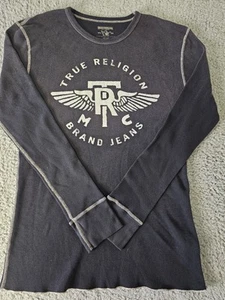 True Religion Waffle Knit Thermal Crewneck Shirt Mens XL Black Long Sleeve Logo - Picture 1 of 7