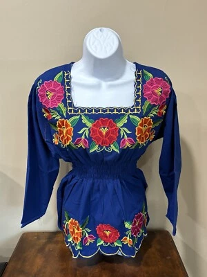 Blusa azul mexicana bordada hecha a mano - manga L-3/4 Foto 1 de 3