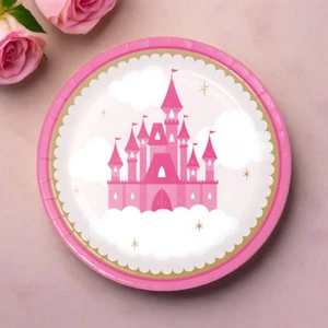 Pink and Gold Princess Plates 7" – Baby Shower, Bridal Shower, Birthday (8 Pack) - Picture 1 of 7