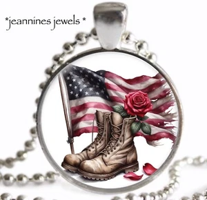 Veterans Day Gift Necklace Combat Boots American Flag Silver Charm Pendant - Picture 1 of 13