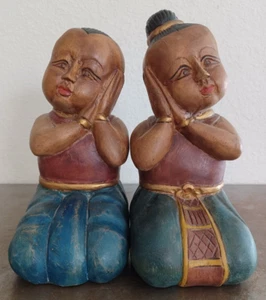 Handgeschnitzte asiatische Jungen & Mädchen Figuren aus Holz 8,25 Zoll groß Vintage - Bild 1 von 24