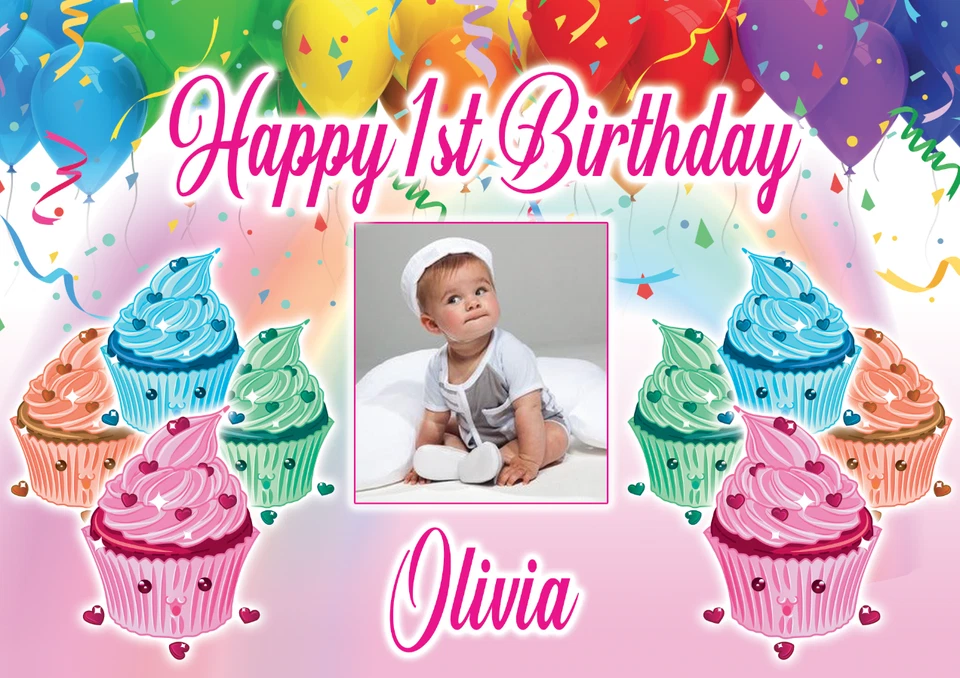 LARGE BIRTHDAY Cute Cupcake Cake POSTER BANNER PERSONALISED ANY NAME TEXT PHOTO - Imagem 1 de 1