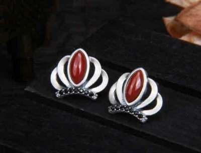 B25 Orecchini a Farfalla Corona con Rosso Agata 925 Argento Sterling - Immagine 1 di 4