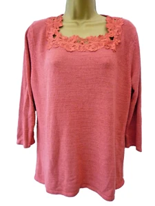 BM Ladies Size M 14 16 Coral Red Lace Casual Comfy 3/4 Sleeve Knit Style Top - Picture 1 of 10