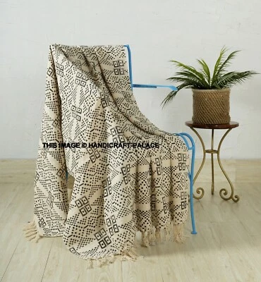 Indian Block Print Wrap Throw Hand Loom Shawl Tassel Mud Cloth Throw Blanket 70" - Image 1 of 4