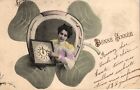 Neujahr, Dame mit Uhr, Glücksklee, um 1905