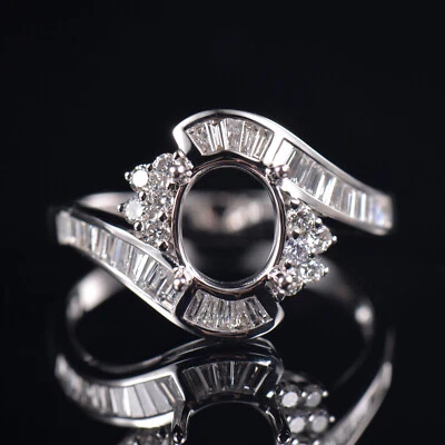 Unique Platinum Oval 9x7MM Natural Baguette Diamond Bridal Ring Semi Mounting - Image 1 of 4