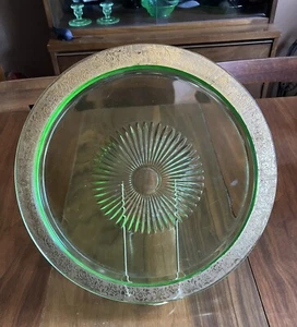 Vtg 1930 Tiffin Franciscan Rambler Rose Green Depression Glass 24k Cake ServerUV - Picture 1 of 14