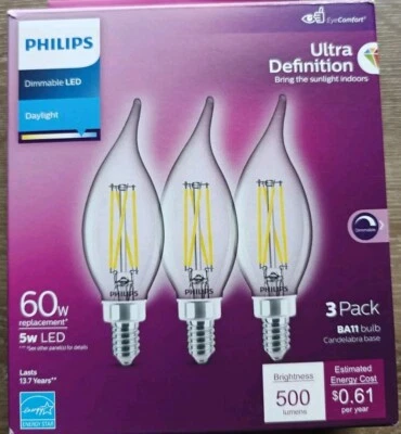 Philips Ultra Definition LED 60W/5W Dimmable Daylight BA11 Candelabra 3 Pack  - Image 1 of 4