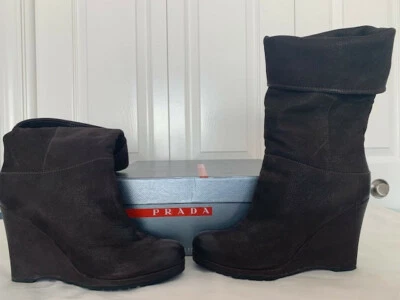 $720 Auténticas Botas de Cuña de Cuero PRADA para Mujer Marrón Oscuro 38 Excelente Con Foto 1 de 4