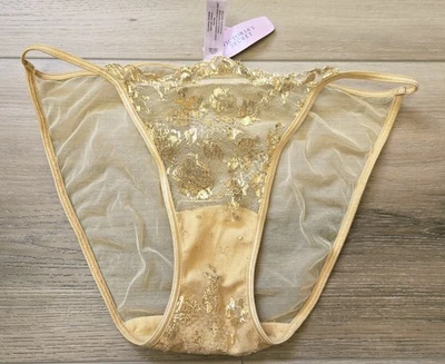 NWT Rare Vintage Victoria's Secret Gold Sheer Mesh Lace String Bikini Panties S - Image 1 of 3