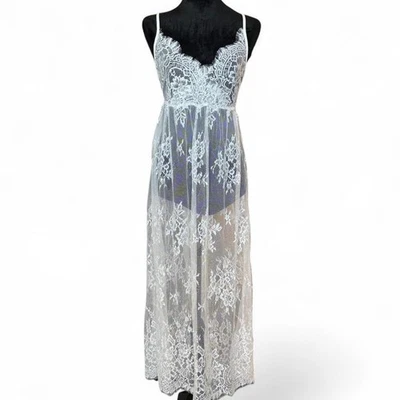 Vestido largo de encaje floral con núcleo de hadas blanco transparente lencería superpuesta Fairycore  Foto 1 de 4