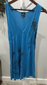 Katydid Vintage Y2K Turquoise Rhinestone Tunic Peacock V Neck Tattoo Grunge MED - Picture 1 of 9