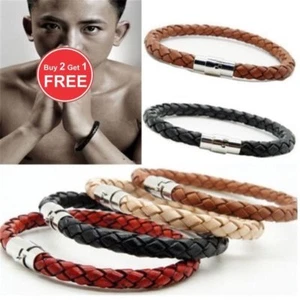 Bracciali Punk Unisex Donna Uomo Pelle Intrecciata Acciaio Chiusura Magnetica Fatti a Mano - Foto 1 di 22