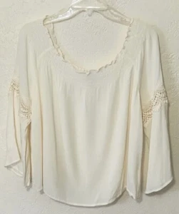 Arizona Jeans Co. Top With Shirred Ruffled Neckline Embroidered Bell Sleeves - Picture 1 of 8