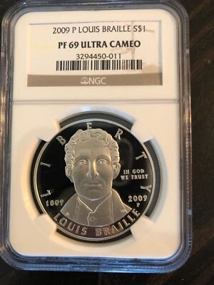 2009-P Louis Braille Silver Dollar S $1 NGC PF 69 Ultra Cameo - Brand New - Image 1 of 4
