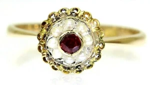 Edwardian Ruby & Pearl Cluster 9ct Yellow Gold Ring size Q 1/2 ~ 8 - Picture 1 of 11