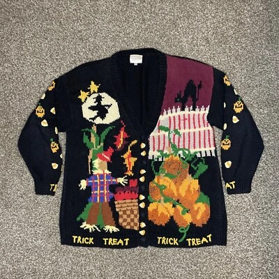 Vintage Susan Bristol Halloween Sweater Cardigan Trick Or Treat Fall Pumpkin 2w - Image 1 of 4