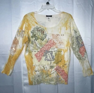 Women’s Large Dolce Cabo Artsy Yellow Multicolor Beaded Stretch Knit Top - Picture 1 of 18