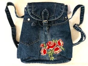 Women Stonewashed Denim Jeans Cute Embroidered Floral Big Handbags Backpack Bag - Picture 1 of 7