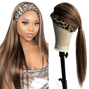 Human Hair Headband Wigs Straight Highlights 4/27 Black Blonde Wine Red Balayage - Picture 1 of 18