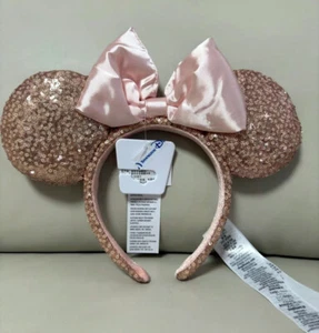 US Disney Parks Rose Gold Sequin Pink Bow Minnie  Mouse Ears Headband 2022 NWT - Picture 1 of 8