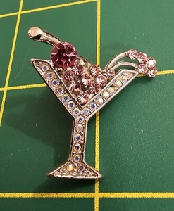 Rhinestone Jeweled Martini Glass Pin Brooch, Silver Tone Bling! Cosmo cocktail - Picture 1 of 2