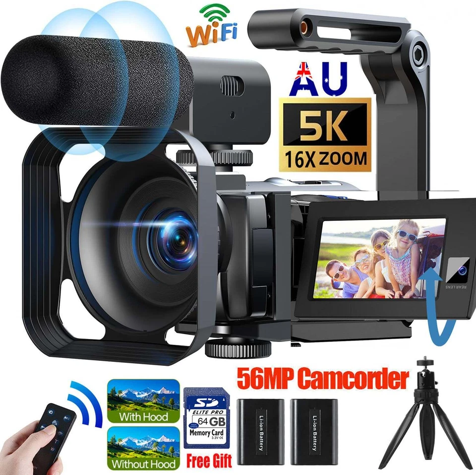 ✅5K Video Camera 56MP 16X Digital Zoom Camcorder WiFi Vlogging Camera w/ Tripod - image 1 of 4