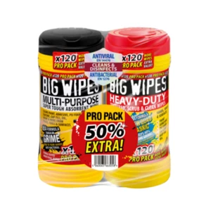 BIG WIPES TWIN PACK 50% EXTRA MULTI PURPOSE & HEAVY DUTY 120 WIPES PER TUB BNIP - Picture 1 of 1