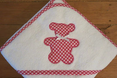 Handmade hooded baby towel with cute hot pink gingham bear applique - image 1 of 4