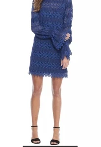 Free People Simone Long Bell Sleeve Lace High Neck Mini Dress Blue Sz S - Picture 1 of 7