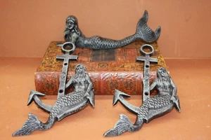 (3), Salvaged-look Mermaid Figurine | Mermaid With Anchor Wall Hooks, Cast Iron - Picture 1 of 6