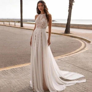Boho A-Line Wedding Dresses Scoop Neck Sleeveless Lace Appliques Bridal Gowns - Picture 1 of 8