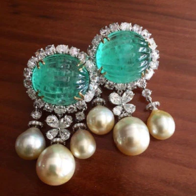 Simulated Green Cabochon Emerald, Sapphire & Pearls Fabulous Women's Earrings - Image 1 of 4