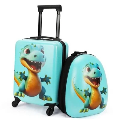  Conjunto de bagagem infantil dinossauro para meninos, 18" malas infantis lado duro dinossauro azul - Imagem 1 de 4