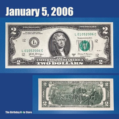 January 5, 2006 Birthday Anniversary $2 Two Dollar Bill Serial Number 01052006 - Image 1 of 2