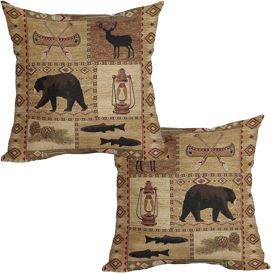 Rustic Bear Throw Pillow Cover 2 Pcs Western Animal Moose Deer Pillows Case 1... - Image 1 of 4