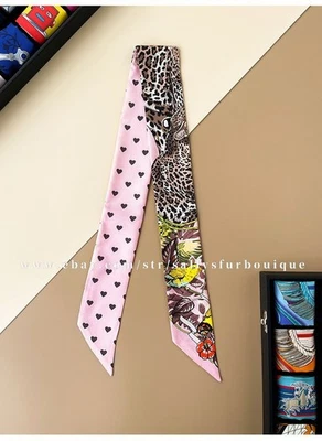 Sallys Boutique 18 Momme Twill Silk Scarf Ribbon Leopard Hearts Necktie Headband - Image 1 of 4