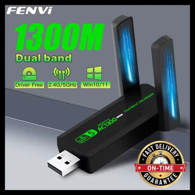 FENVI 1300Mbps WiFi USB Adapter Dual Band 2.4/5GHz Wireless Dongle PC Laptop - Image 1 of 4